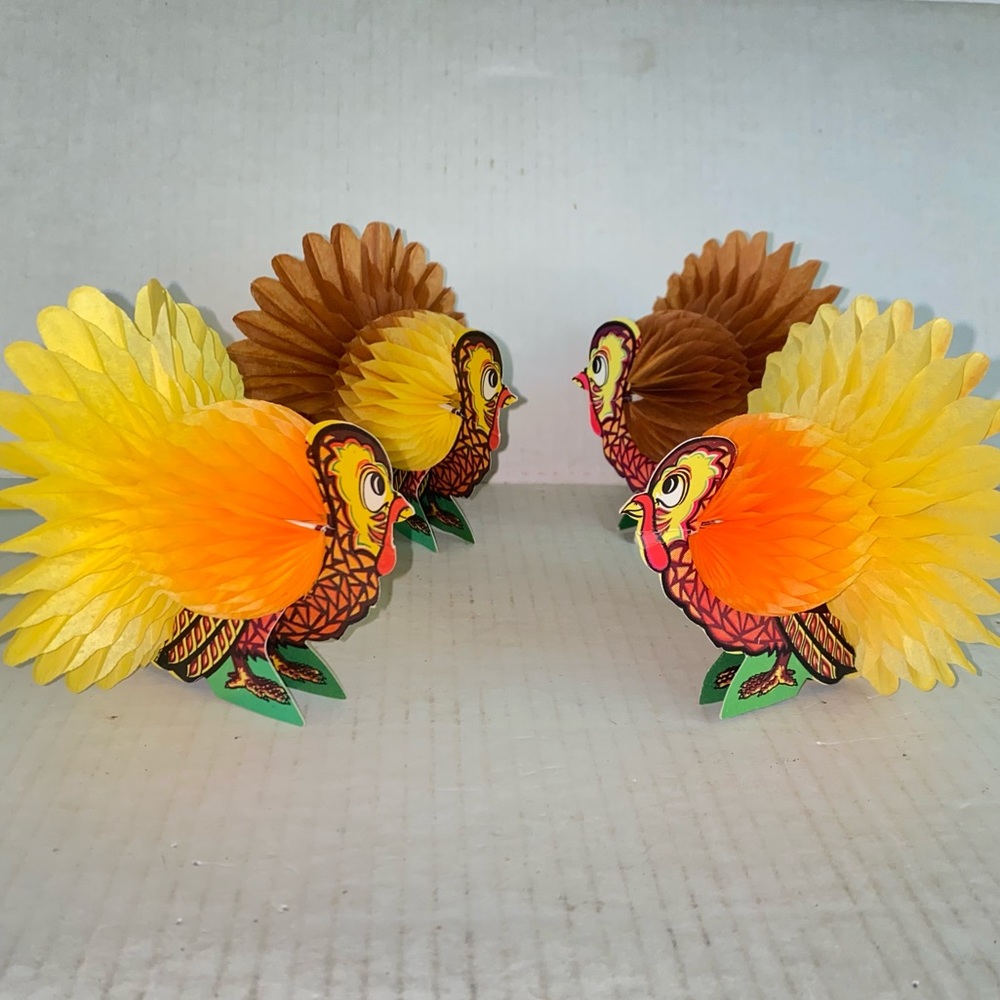 Vintage Beistle Thanksgiving Honeycomb Turkey Tabletop Decorations Set of 4